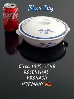 Mid-Century Rosenthal Kronach Germany🇩🇪"Blue Ivy" White 8.5" Covered Casserole